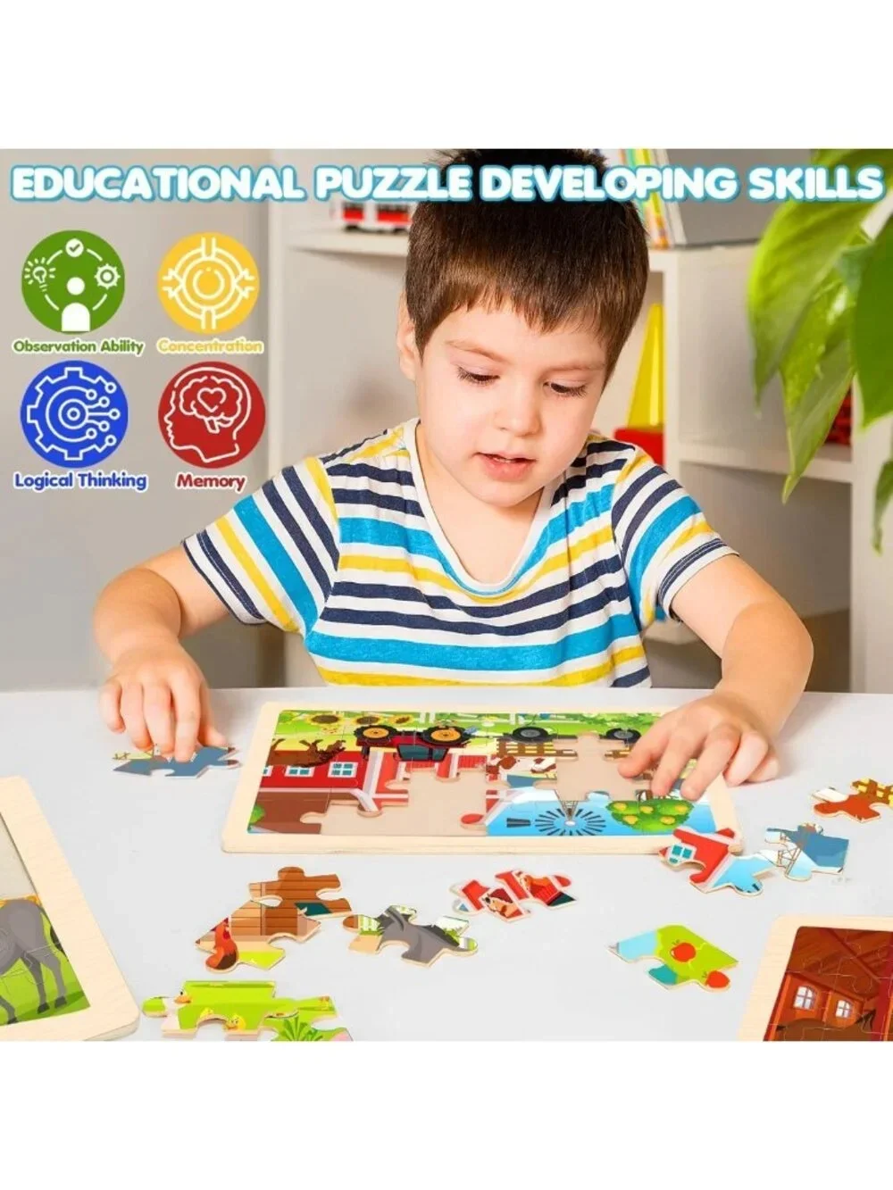 4-in-1 Wooden Puzzles for Kids 3-6, Educational Jigsaw Toys, Fun Gift for